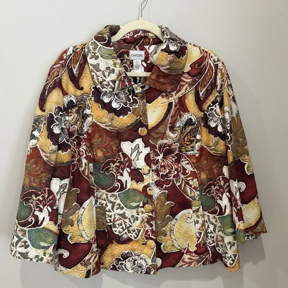 Chicos Jacket Sz 3 Women’s‎ Cotton Silk Tropical Floral Blazer X-Large NWT